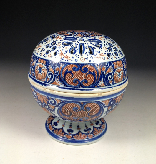 A rare Rouen faience sponge box, circa 1730, which will be on the stand of Paris-based ceramics dealer Christophe Perles at Art Antiques London in Kensington Gardens from June 11 to 18. Image courtesy Art Antiques London and Christophe Perles. 